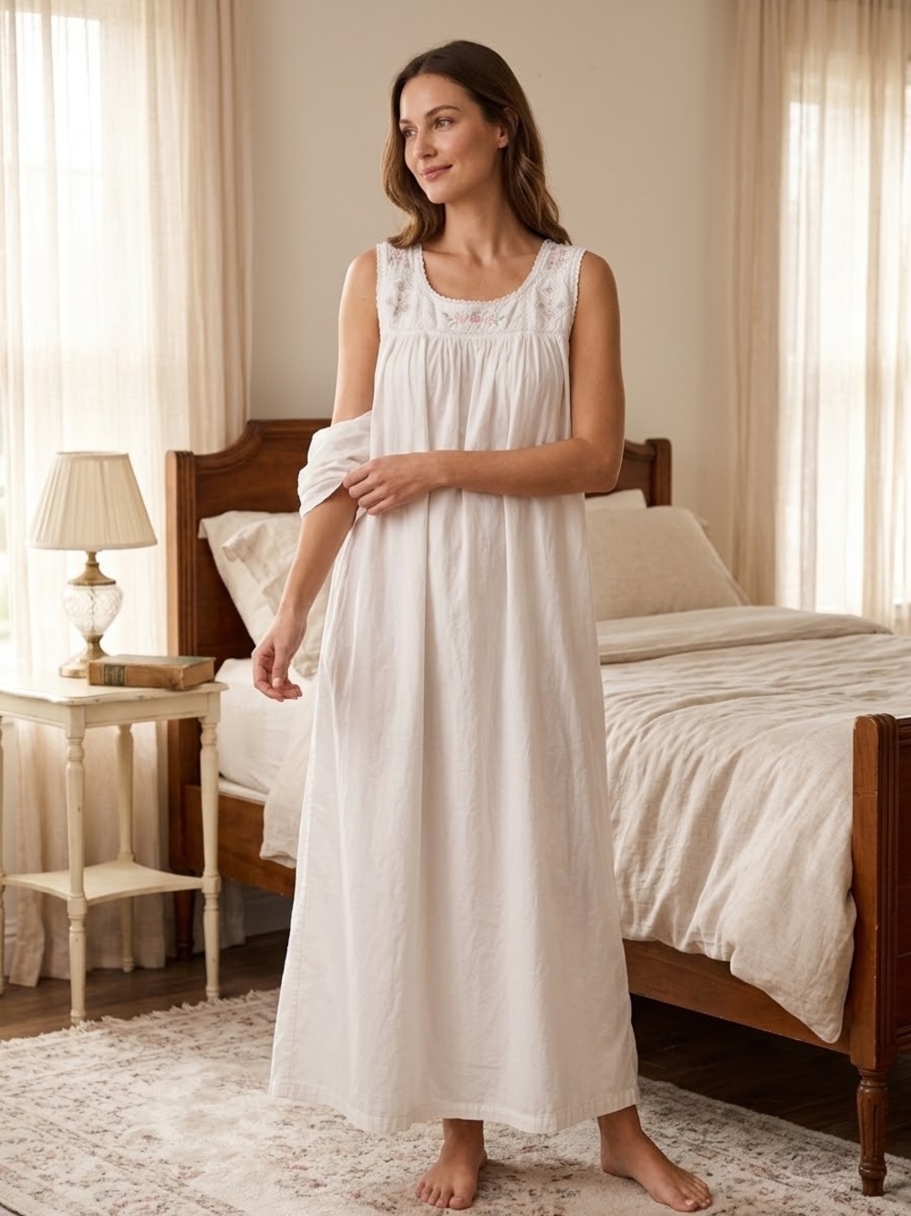 April Cornell Ivory Cotton Sleeveless Nightgown with Embroidered Yoke